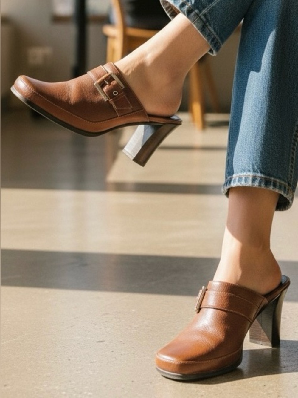 Alfani Vintage Brown Leather Buckle Block Heel Mules Clogs